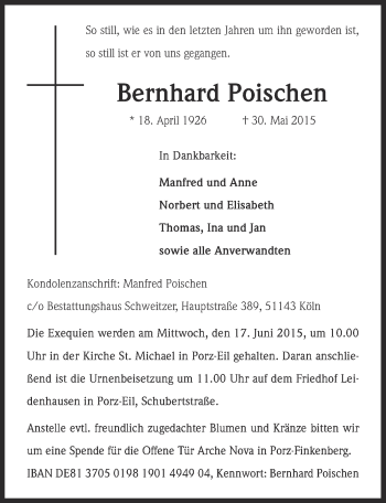 Anzeige von Bernhard Poischen von  Kölner Wochenspiegel 