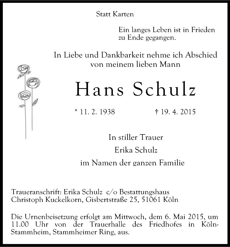  Traueranzeige für Hans Schulz vom 02.05.2015 aus Kölner Stadt-Anzeiger / Kölnische Rundschau / Express