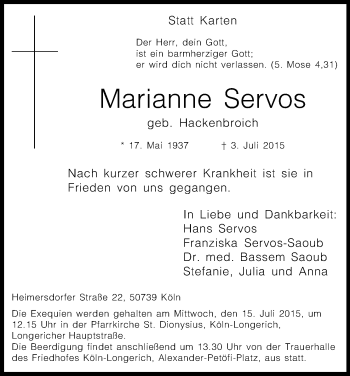 Anzeige von Marianne Servos von Kölner Stadt-Anzeiger / Kölnische Rundschau / Express