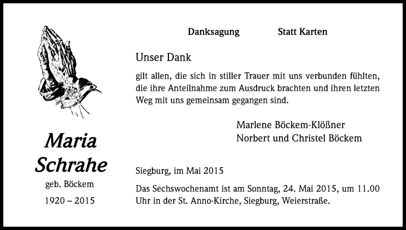  Traueranzeige für Maria Schrahe vom 16.05.2015 aus Kölner Stadt-Anzeiger / Kölnische Rundschau / Express