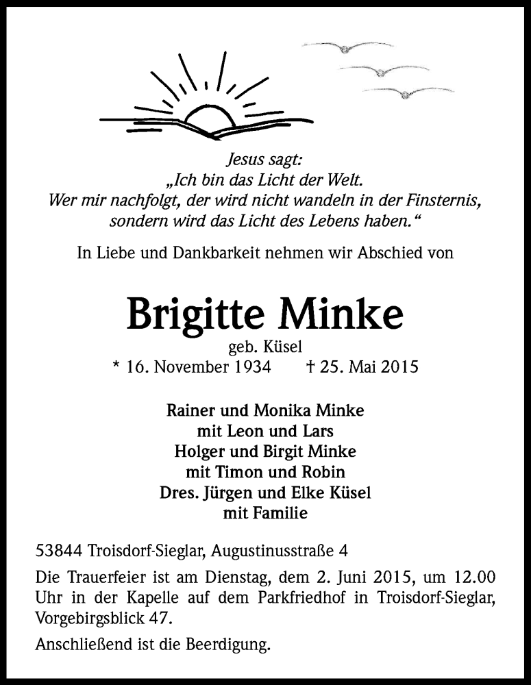  Traueranzeige für Brigitte Minke vom 30.05.2015 aus Kölner Stadt-Anzeiger / Kölnische Rundschau / Express
