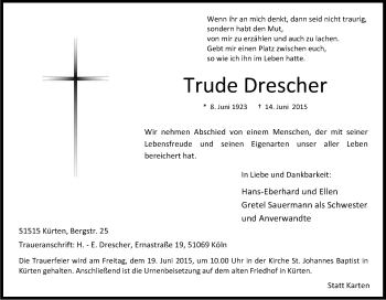 Anzeige von Trude Drescher von Kölner Stadt-Anzeiger / Kölnische Rundschau / Express