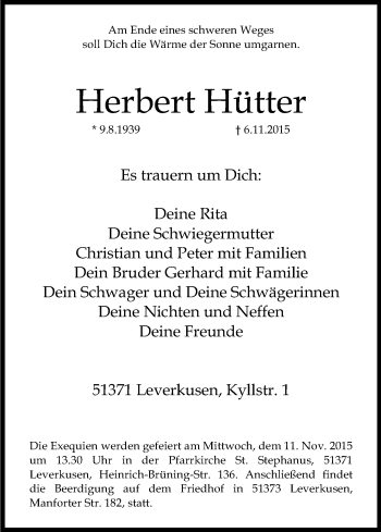 Anzeige von Herbert Hütter von Kölner Stadt-Anzeiger / Kölnische Rundschau / Express