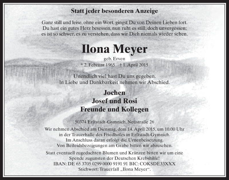  Traueranzeige für Ilona Meyer vom 08.04.2015 aus  Werbepost 