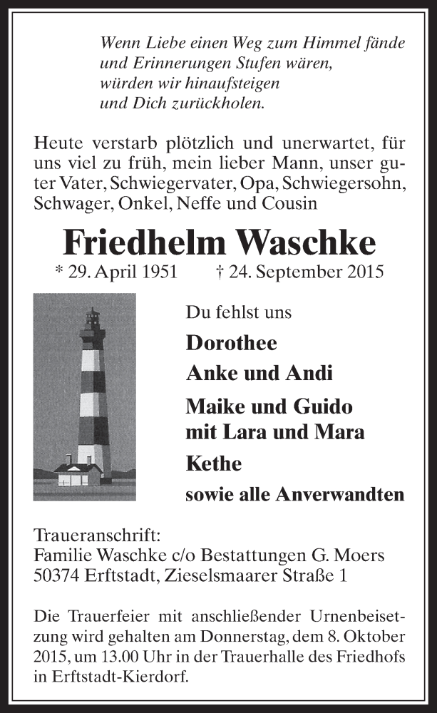  Traueranzeige für Friedhelm Waschke vom 07.10.2015 aus  Werbepost 