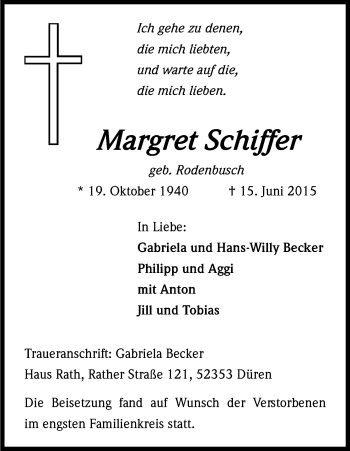 Anzeige von Margret Schiffer von Kölner Stadt-Anzeiger / Kölnische Rundschau / Express