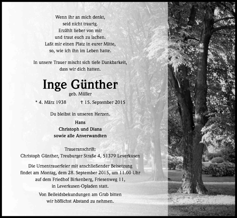  Traueranzeige für Inge Günther vom 24.09.2015 aus Kölner Stadt-Anzeiger / Kölnische Rundschau / Express