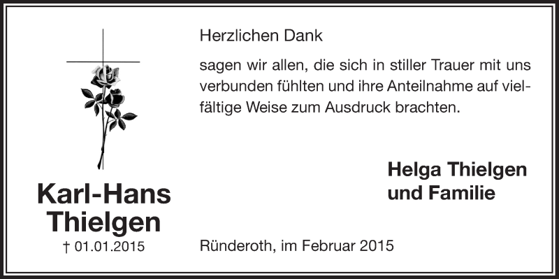  Traueranzeige für Karl-Hans Thielgen vom 11.02.2015 aus  Anzeigen Echo 