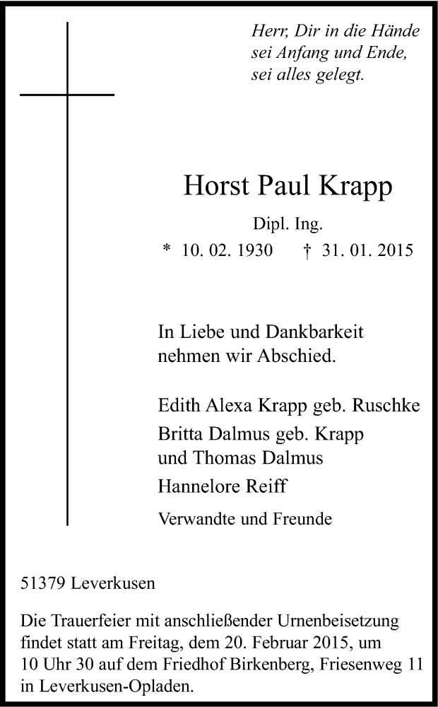  Traueranzeige für Horst Paul Krapp vom 14.02.2015 aus Kölner Stadt-Anzeiger / Kölnische Rundschau / Express