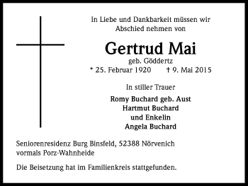 Anzeige von Gertrud Mai von Kölner Stadt-Anzeiger / Kölnische Rundschau / Express