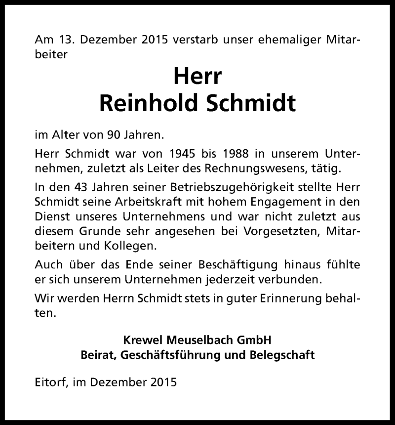  Traueranzeige für Reinhold Schmidt vom 16.12.2015 aus Kölner Stadt-Anzeiger / Kölnische Rundschau / Express