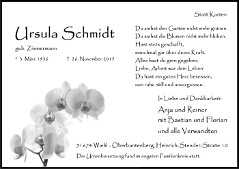 Anzeige von Ursula Schmidt von Kölner Stadt-Anzeiger / Kölnische Rundschau / Express