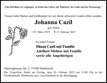Anzeige von Johanna Cazil von Kölner Stadt-Anzeiger / Kölnische Rundschau / Express
