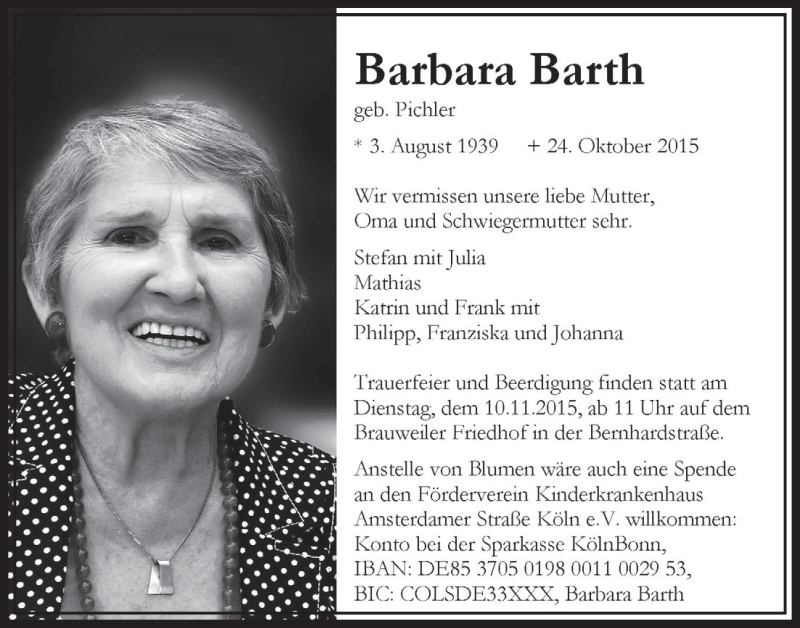  Traueranzeige für Barbara Barth vom 07.11.2015 aus  Sonntags-Post 