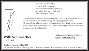 Anzeige von Willi Schumacher von  Schaufenster/Blickpunkt  Schlossbote/Werbekurier 