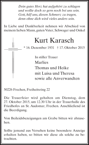 Anzeige von Kurt Karasch von  Sonntags-Post 