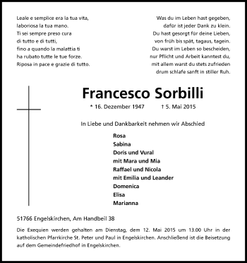 Anzeige von Francesco Sorbilli von Kölner Stadt-Anzeiger / Kölnische Rundschau / Express