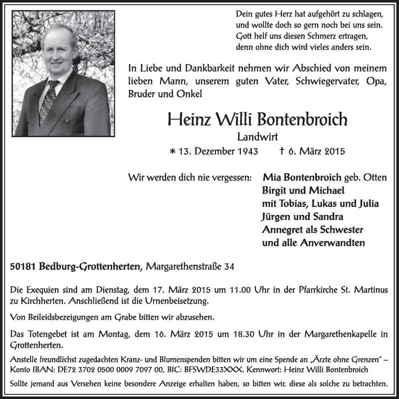  Traueranzeige für Heinz Willi Bontenbroich vom 14.03.2015 aus  Sonntags-Post 