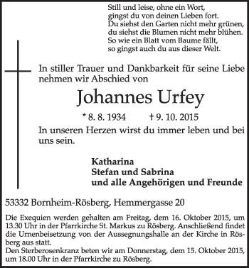 Anzeige von Johannes Urfey von  Schlossbote/Werbekurier 
