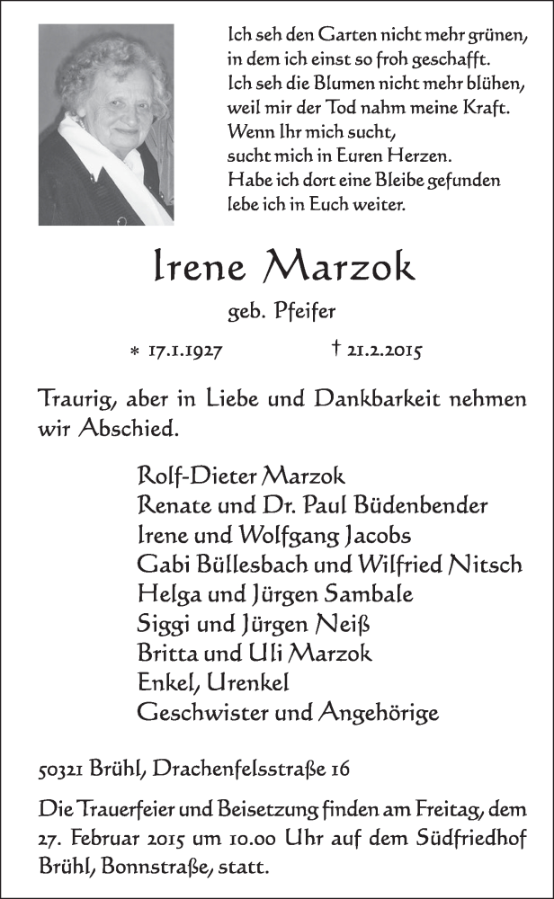  Traueranzeige für Irene Marzok vom 25.02.2015 aus  Schlossbote/Werbekurier 