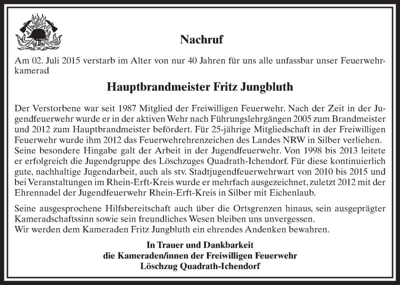  Traueranzeige für Fritz Jungbluth vom 11.07.2015 aus  Sonntags-Post 