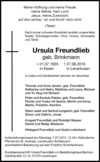 Anzeige von Ursula Freundlieb von Kölner Stadt-Anzeiger / Kölnische Rundschau / Express