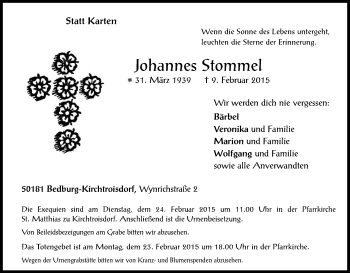 Anzeige von Johannes Stommel von Kölner Stadt-Anzeiger / Kölnische Rundschau / Express