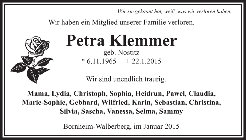  Traueranzeige für Petra Klemmer vom 28.01.2015 aus  Schlossbote/Werbekurier 