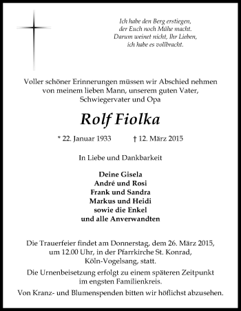Anzeige von Rolf Fiolka von Kölner Stadt-Anzeiger / Kölnische Rundschau / Express
