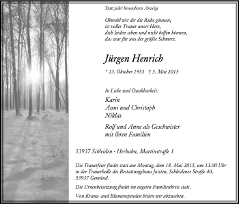 Anzeige von Jürgen Henrich von Kölner Stadt-Anzeiger / Kölnische Rundschau / Express