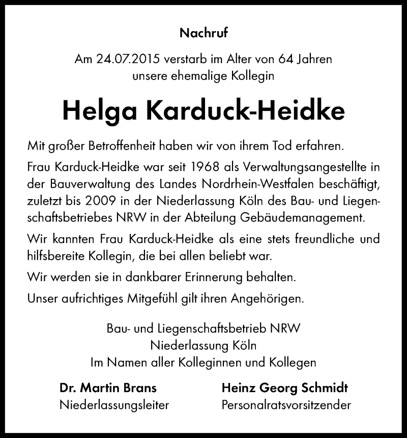  Traueranzeige für Helga    Karduck-Heidke vom 01.08.2015 aus Kölner Stadt-Anzeiger / Kölnische Rundschau / Express
