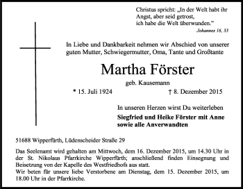 Anzeige von Martha Förster von Kölner Stadt-Anzeiger / Kölnische Rundschau / Express