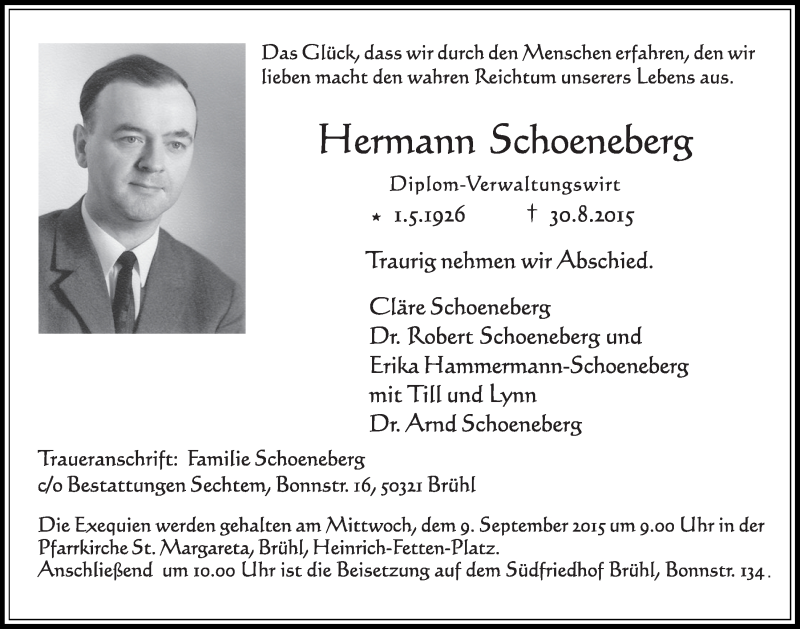  Traueranzeige für Hermann Schoeneberg vom 02.09.2015 aus  Schlossbote/Werbekurier 