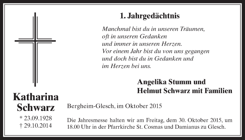  Traueranzeige für Katharina Schwarz vom 28.10.2015 aus  Werbepost 