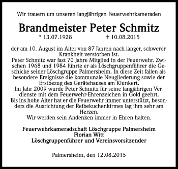 Anzeige von Peter Schmitz von Kölner Stadt-Anzeiger / Kölnische Rundschau / Express