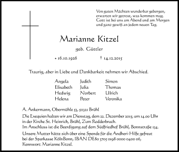 Anzeige von Marianne Kitzel von Kölner Stadt-Anzeiger / Kölnische Rundschau / Express