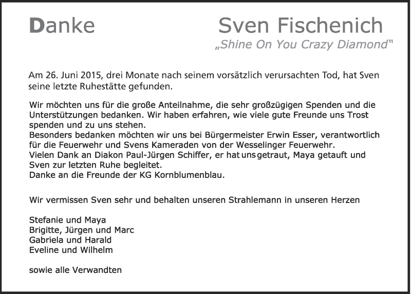  Traueranzeige für Sven Fischenich vom 08.07.2015 aus  Schlossbote/Werbekurier 