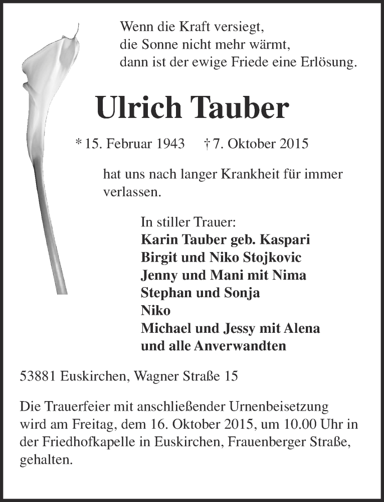  Traueranzeige für Ulrich Tauber vom 11.10.2015 aus  Blickpunkt Euskirchen 