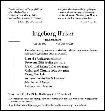 Anzeige von Ingeborg Birker von Kölner Stadt-Anzeiger / Kölnische Rundschau / Express