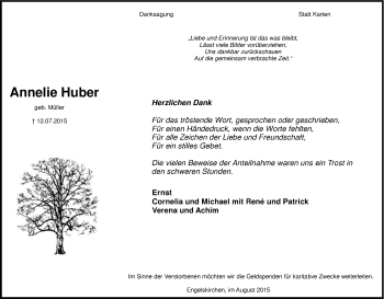 Anzeige von Annelie Huber von Kölner Stadt-Anzeiger / Kölnische Rundschau / Express