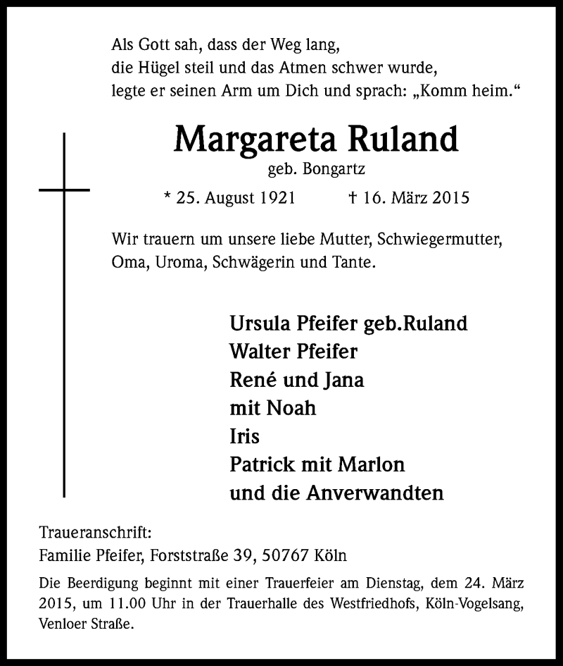  Traueranzeige für Margareta Ruland vom 21.03.2015 aus Kölner Stadt-Anzeiger / Kölnische Rundschau / Express