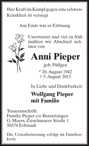 Anzeige von Anni Pieper von  Werbepost 