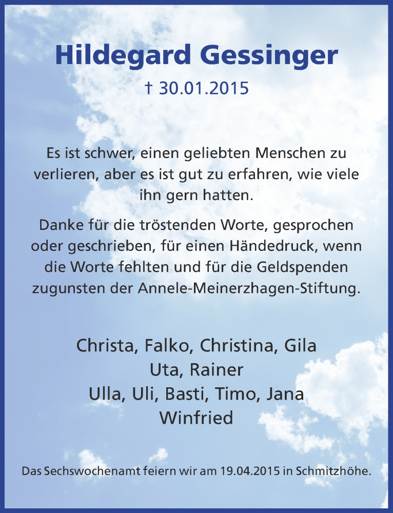  Traueranzeige für Hildegard Gessinger vom 14.03.2015 aus  Bergisches Sonntagsblatt 