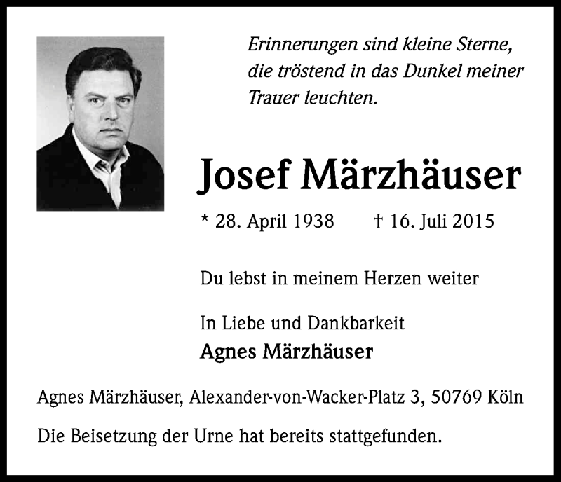  Traueranzeige für Josef Märzhäuser vom 25.07.2015 aus Kölner Stadt-Anzeiger / Kölnische Rundschau / Express