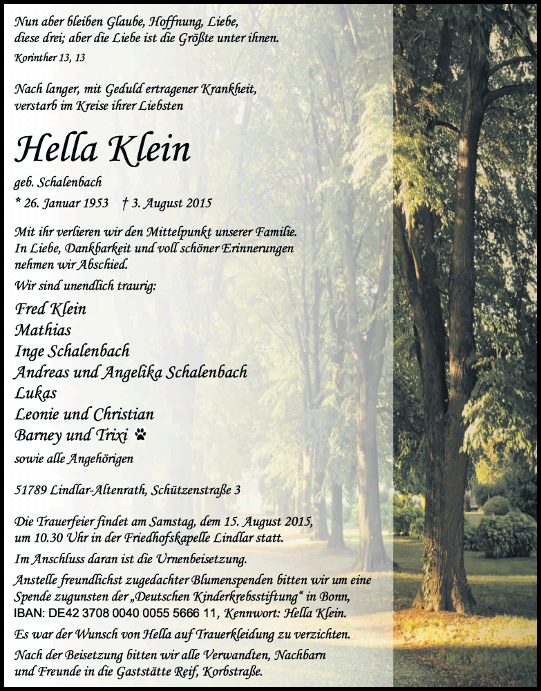  Traueranzeige für Hella Klein vom 08.08.2015 aus Kölner Stadt-Anzeiger / Kölnische Rundschau / Express