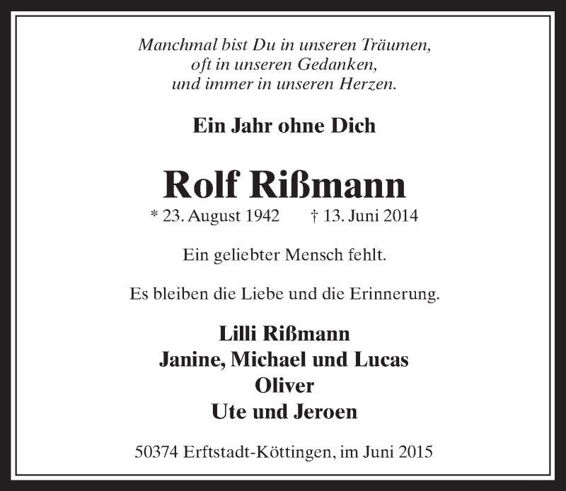  Traueranzeige für Rolf Rißmann vom 10.06.2015 aus  Werbepost 