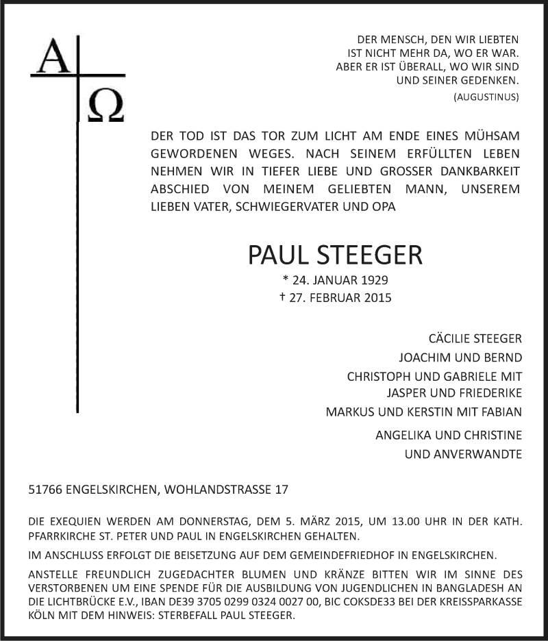  Traueranzeige für Paul Steeger vom 02.03.2015 aus Kölner Stadt-Anzeiger / Kölnische Rundschau / Express