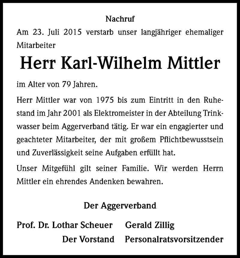  Traueranzeige für Karl-Wilhelm Mittler vom 29.07.2015 aus Kölner Stadt-Anzeiger / Kölnische Rundschau / Express