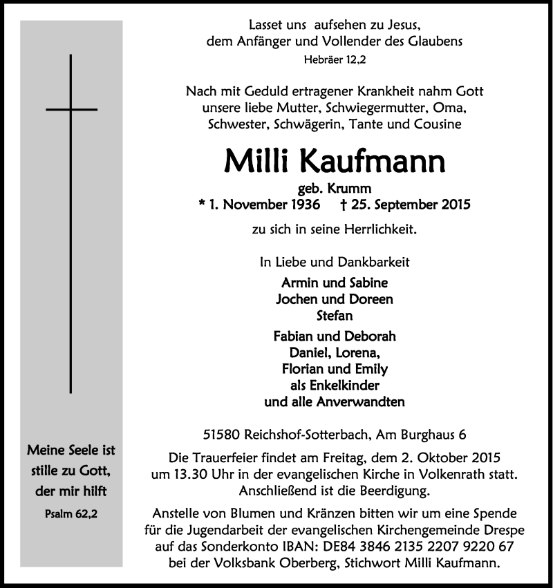  Traueranzeige für Milli Kaufmann vom 29.09.2015 aus Kölner Stadt-Anzeiger / Kölnische Rundschau / Express