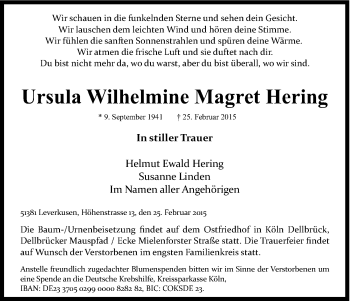 Anzeige von Ursula Wilhelmine Magret Hering von Kölner Stadt-Anzeiger / Kölnische Rundschau / Express